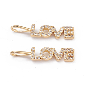 Brass Micro Pave Clear Cubic Zirconia Pendants, Long-Lasting Plated, Word Love, for Valentine's Day
