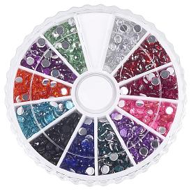 1 Box 12 Color Faceted Half Round Imitation Taiwan Acrylic Rhinestone, No Hot-Fix Rhinestone Garment Accessories, 3x1mm, about 120pcs/compartment, about 1400pcs/box