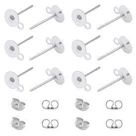 Unicraftale 304 Stainless Steel Stud Earring Findings, with Loop and Ear Nuts, Flat Round