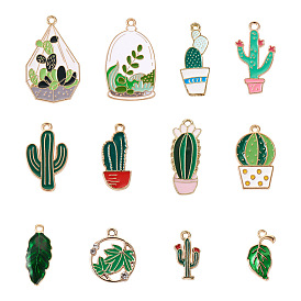 48 шт 12 стиль подвески из сплава эмали, золотой свет, горшечная культура и кактус и лист и плоский круглый