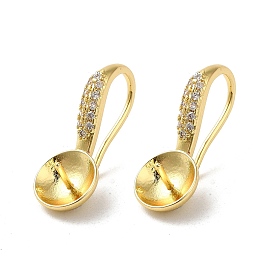 Rack Plating Brass Micro Pave Cubic Zirconia Earrings Hooks, Ear Wire with Pinch Bails for Half Drill Beads, Cadmium Free & Lead Free, Long-Lasting Plated