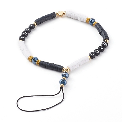 Sangles mobiles heishi en pâte polymère, avec des perles d'émail acrylique, perles de verre et perles de laiton, mot d'amour, or