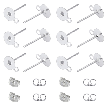 304 Stainless Steel Stud Earring Findings, with Loop and Ear Nuts, Flat Round