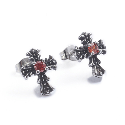 Retro 304 Stainless Steel Stud Earrings, with Cubic Zirconia and Ear Nuts, Cross, Red