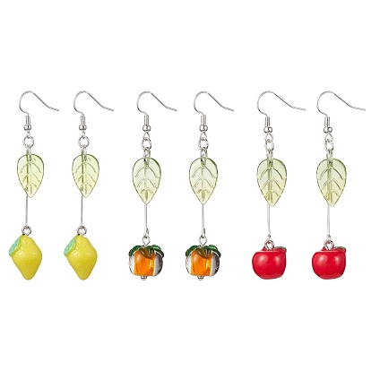 3 Pairs 3 Style Fruit Glass Dangle Earrings, Alloy Long Drop Earrings
