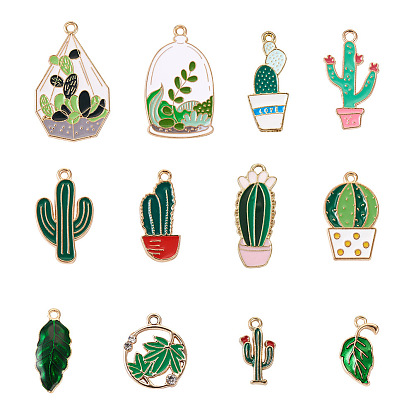 48 шт 12 стиль подвески из сплава эмали, золотой свет, горшечная культура и кактус и лист и плоский круглый