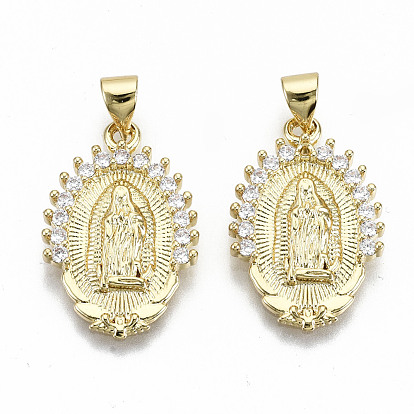 Brass Micro Pave Clear Cubic Zirconia Pendants, with Snap on Bails, Nickel Free, Oval with Virgin