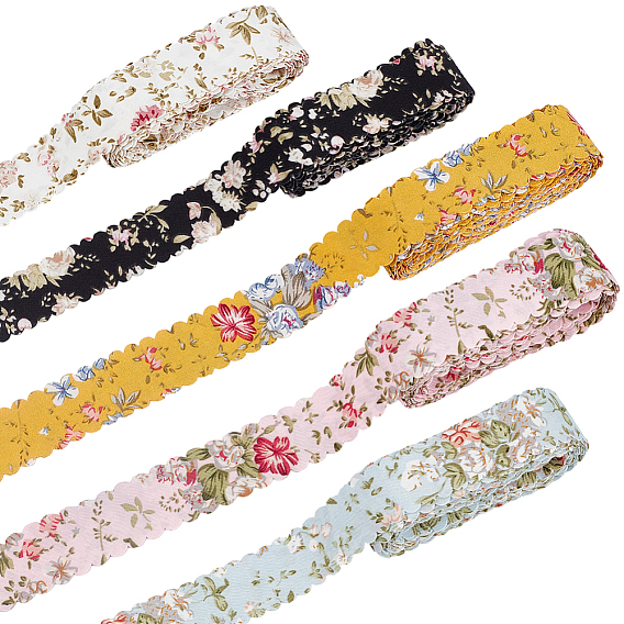 25 mètres 5 couleurs ruban en polyester imprimé de fleurs, ruban à double bord ondulé pour emballage cadeau
