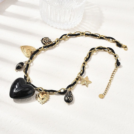 304 Женские ожерелья с подвеской в виде черного сердца из нержавеющей стали и акрила