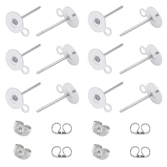 304 Stainless Steel Stud Earring Findings, with Loop and Ear Nuts, Flat Round