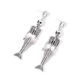 Crystal Rhinestone Skeleton Long Dangle Stud Earrings with Imitation Pearl, Halloween Alloy Jewelry for Women