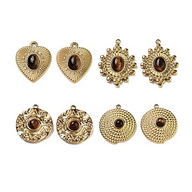 Ion Plating(IP) 304 Stainless Steel Pendants, Natural Tiger Eye Charms, Real 18K Gold Plated