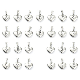 26Pcs 26 Styles 304 Stainless Steel Pendants, Heart with Black Letter Charm