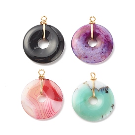 Natural Striped Agate/Banded Agate Pendants, with Real 18K Gold Plated Copper Wire Wrapped, Dyed, Donut