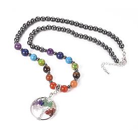 Alloy Pendant Necklaces, with Gemstone Beads, Ring with Tree of Life, Chakra Necklaces