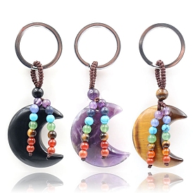 7 porte-clés pendentif lune en pierres précieuses chakra, avec porte-clés en alliage plaqué platine et perles rondes en pierres précieuses