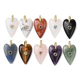 Gemstone Pendants, Heart, with Brass Micro Pave Cubic Zirconia