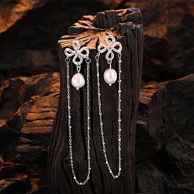 925 Silver Pearl Earrings with Tassel - Original Design, Minimalist, Elegant
