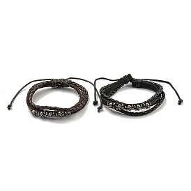 PU Imitation Leather Braided Cord Bracelets, Skull Alloy Two Layer Multi-strand Bracelets