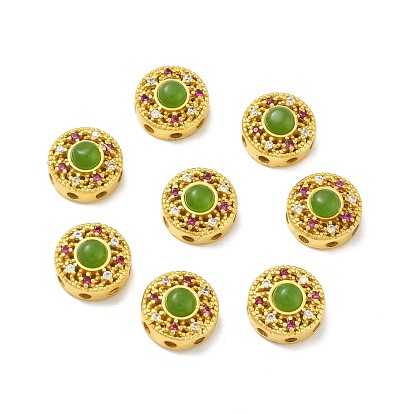 Rack Plating Brass Micro Pave Cubic Zirconia Beads, with Glass, Long-Lasting Plated, Cadmium Free & Lead Free, Flat Round