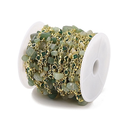 Латунные цепные цепи, со стеклом и натуральным зеленым авантюрином, покрытие стойки настоящее 18k позолоченное, пайки, с катушками, долговечный, без кадмия и без свинца