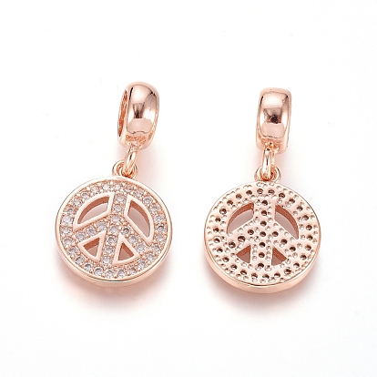 Brass Micro Pave Clear Cubic Zirconia European Dangle Charms, Large Hole Pendants, Peace Sign