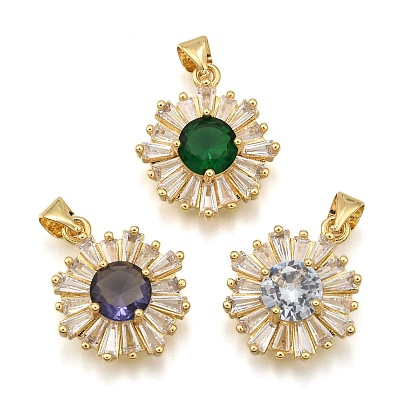 Латунные микро проложить кубического циркония подвески, цветок, стойки покрытие, долговечный, без свинца и без кадмия, реальный 18 k позолоченный