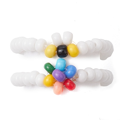 Round Glass Seed Beads Stretch Rings, Acrylic Flower & Bee Ring for Women