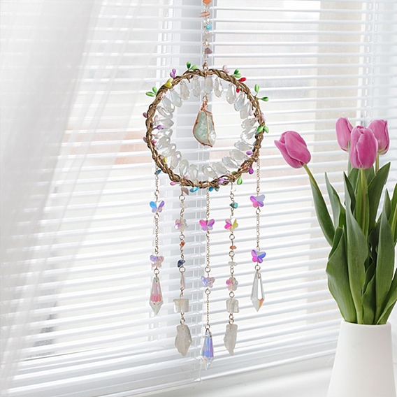 Подвесные украшения из натуральных зеленых авантюриновых самородков, стеклянная бабочка и конусная кисточка для украшения дома и автомобиля