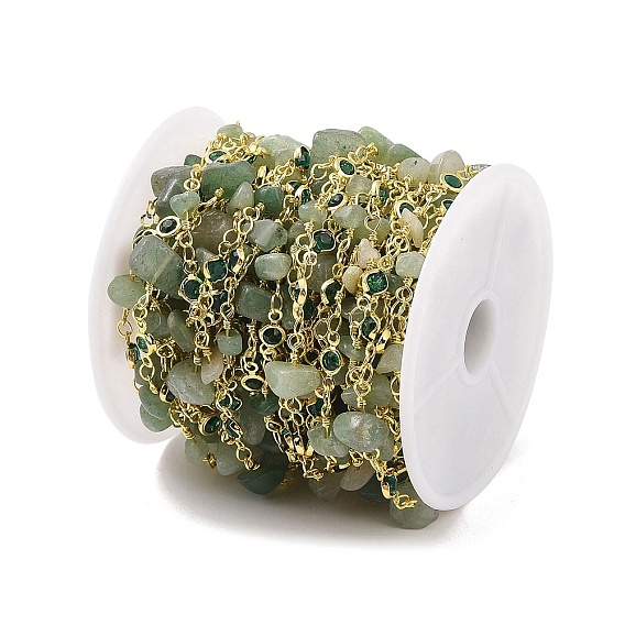 Латунные цепные цепи, со стеклом и натуральным зеленым авантюрином, покрытие стойки настоящее 18k позолоченное, пайки, с катушками, долговечный, без кадмия и без свинца