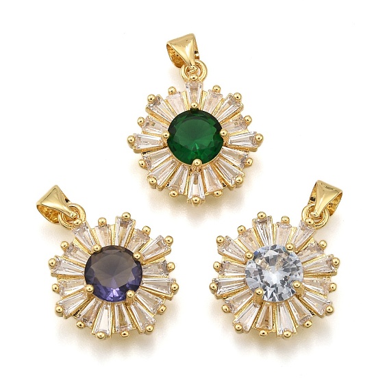 Латунные микро проложить кубического циркония подвески, цветок, стойки покрытие, долговечный, без свинца и без кадмия, реальный 18 k позолоченный