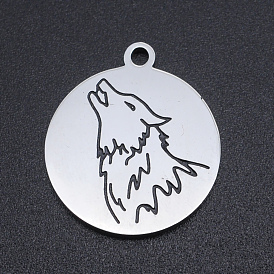 201 Stainless Steel Etched Pendants, Howling Wolf Pendants, Flat Round with Wolf