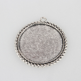 Tibetan Style Alloy Pendant Cabochon Settings, Cadmium Free & Lead Free, Flat Round, Tray: 35mm, 46x42x2mm, Hole: 3mm, about 110pcs/kg