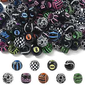 90Pcs 9 Styles Spray Printed Opaque Acrylic European Beads, Large Hole Beads, Mixed Shapes