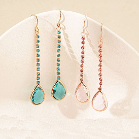 Brass Rhinestone Long Dangle Earrings, Teardrop, Golden