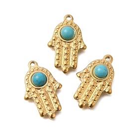 Natural Turquoise Pendants, with Vacuum Plating 201 Stainless Steel Findings, Hamsa Hand