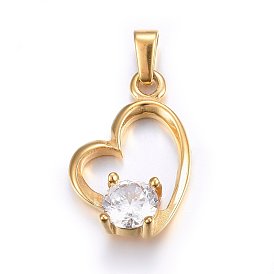 304 Stainless Steel Pendants, with Cubic Zirconia, Heart