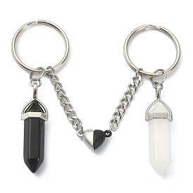 Брелок-пуля из натурального черного обсидиана и белого нефрита, брелок для ключей с магнитной застежкой-сердечком из сплава, с железными разрезными брелоками