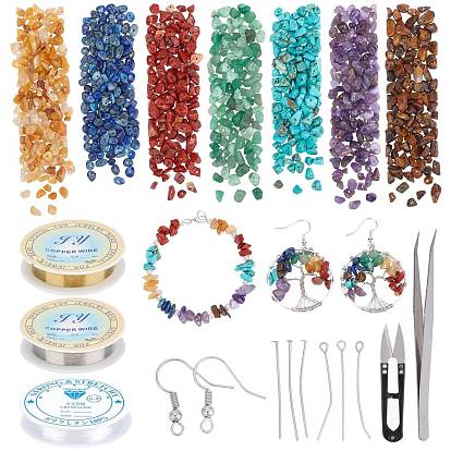 DIY Jewelry Set Kits, Including Copper Jewelry Wire, Natural & Synthetic Mixed Gemstone Chips Beads, Elastic Crystal Thread, Brass Earring Hooks, Iron Tweezers and Iron Pins