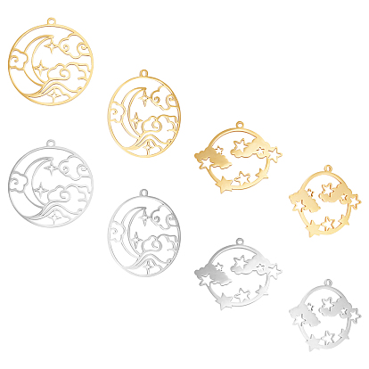 8Pcs 4 Style Ion Plating(IP) 201 Stainless Steel Pendants, Hollow, Laser Cut
