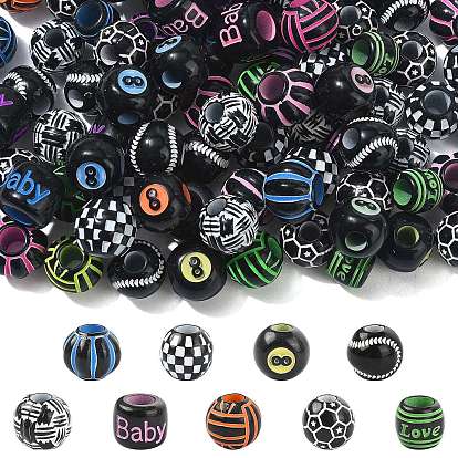 90Pcs 9 Styles Spray Printed Opaque Acrylic European Beads, Large Hole Beads, Mixed Shapes