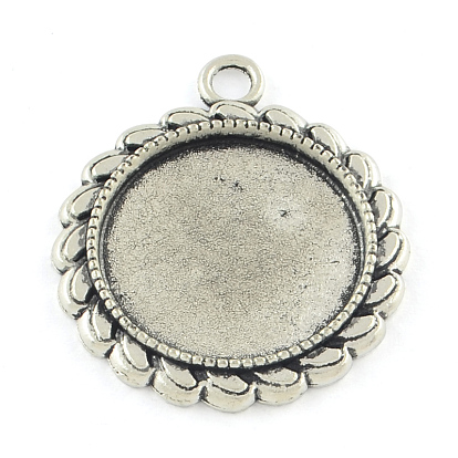 Tibetan Style Flat Round Alloy Pendant Cabochon Settings, Cadmium Free & Lead Free, Tray: 20mm, 31x27x2.5mm, Hole: 3mm, about 270pcs/1000g