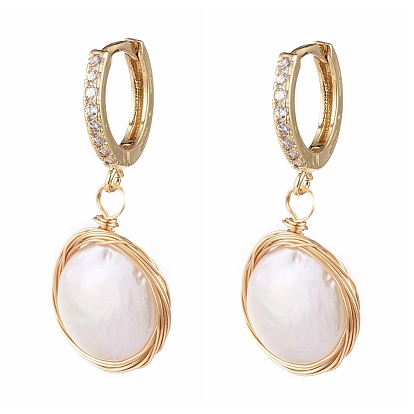 Brass Micro Pave Cubic Zirconia Dangle Huggie Hoop Earrings, with Natural Keshi Pearl Beads, Flat Round