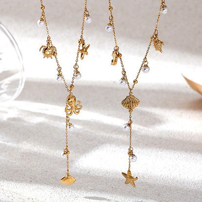 Océano 304 Collares largos con colgante de borla de imitación de perlas de acero inoxidable para mujer, real 18 k chapado en oro