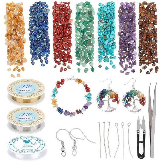 Комплекты ювелирных украшений, в том числе медная ювелирная проволока, бусины из смешанных природных и синтетических драгоценных камней, Эластичная кристальная нить, Латунные крючки для сережек, железный пинцет и железные булавки