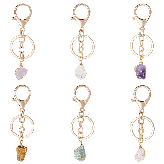 6шт 6 стили самородки натуральный драгоценный камень проволока обернутый брелок для ключей, для сумочки, украшение автомобиля