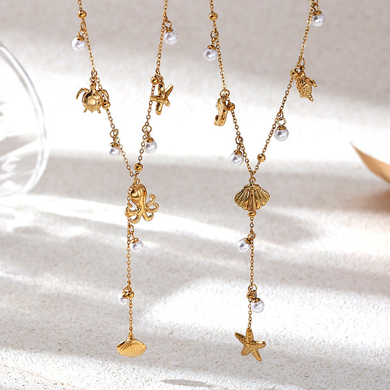 Ocean 304 Stainless Steel Imitation Pearl Long Tassel Pendant Necklaces for Women, Real 18K Gold Plated
