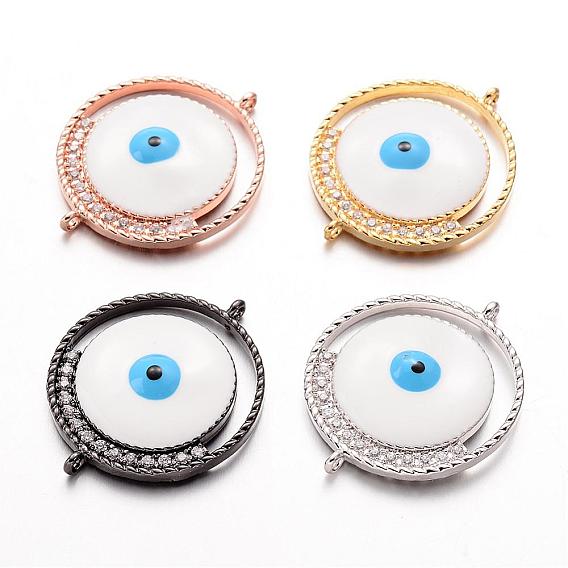 Brass Micro Pave Cubic Zirconia Links Connectors, with Enamel, Flat Round with Evil Eye