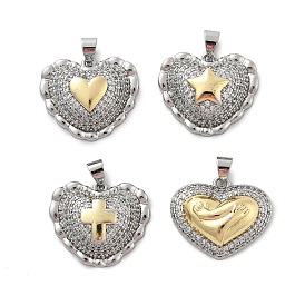 Латунные микро проложить кубического циркония подвески, Сердце с рисунком, стойки покрытие, долговечный, без кадмия и без свинца, настоящее 18 к позолота и платина