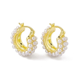 Rack Plating Brass Hoop Earrings for Women, with White Plastic Pearl, Long-Lasting Plated, Lead Free & Cadmium Free, Donut